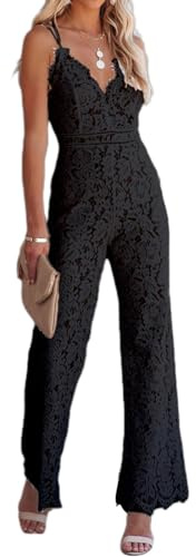 Sawmew Jumpsuit Kvinnors Blommiga Spets V-ringad Ärmlös Lång Jumpsuit Långärmad Overall Cocktailparty Festlig Byxdress Playsuit Romper För Bröllop(Black,M)