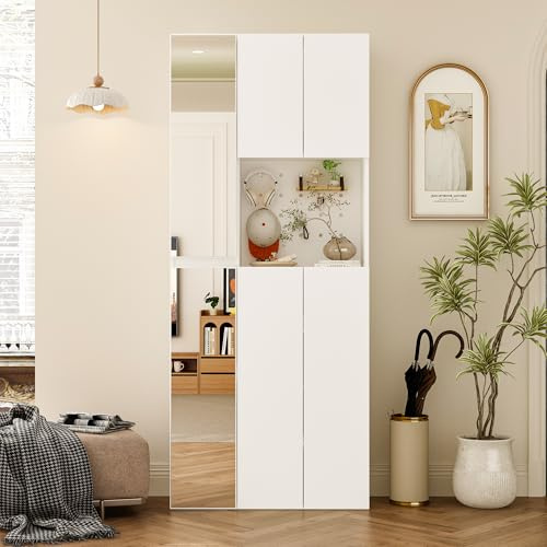 DEZAGCE Lot de 2 vestiaires compacts avec miroir et 11 étagères - Garde-robe de couloir avec espace de rangement - 180 x 75,2 x 27 cm - Blanc - Meuble d'entrée moderne pour couloir et couloir