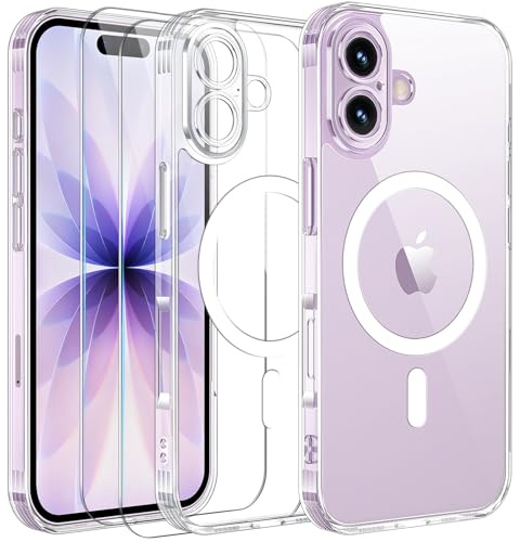 Yohii Funda Magnética para iPhone 17 6,3 Pulgadas Compatible mag-Safe con 2 Piezas Cristal Templado, Protección De Cámara Carcasa Militar Antigolpes Resistente Arañazos Serie Classic, Transparente