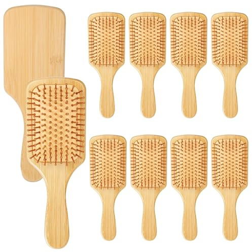 Yunxiao88 10 cepillos de pelo de bambú, cerdas de bambú de punta redonda a granel, cepillo desenredante, paleta de masaje ligero, antiestático, para mujeres, hombres y niños, estimula el cuero