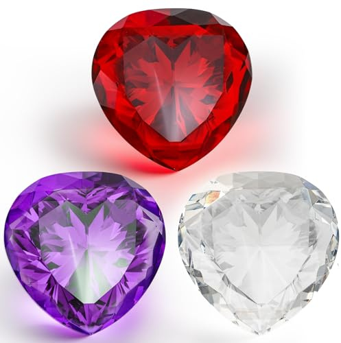 Jucoan 3 Pack Crystal Glass Diamond Paperweight, 80mm/3.15 Inch Glass Heart Paperweight for Wedding Bridal Shower Party Centerpieces Decor, Valentine's Day Gift for Women
