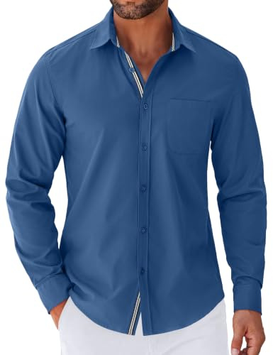COOFANDY Men's Shirt Long Sleeve Smart Casual Shirts Button Down Shirt | Contrast Placket, Casual Shirts with Pockets, Regular Fit, Stretch, for Wedding, Work Shirts for Office, with Double Cuff