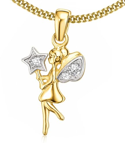 CLEVER SCHMUCK Collier pour fille elfe ange baguette magique 13 mm avec 3 zircones en or 333 8 carats et chaîne gourmette plaquée or 45 cm dans un étui blanc, Brillant, Zircone cubique