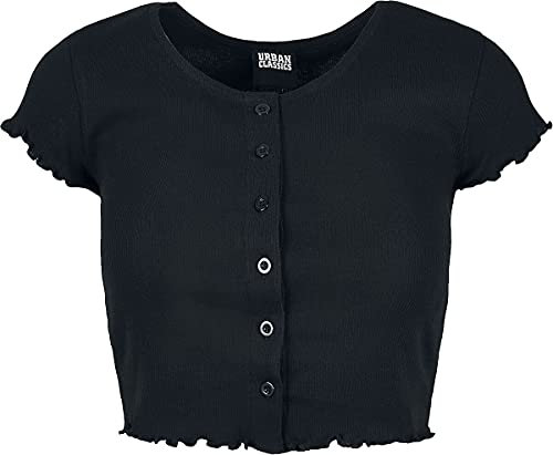 Urban Classics Ladies Cropped Button Up Rib Tee, Black, XL