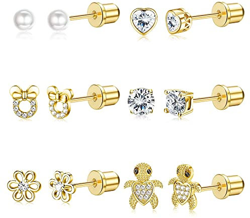 MILACOLATO 6Paar Ohrstecker Ohrringe Set Für Kinder Mädchen Damen Hypoallergene Edelstahl Zirkonia Gesundheitsstecker Ohrringe CZ Herz Blume Cabochon Ohrring Set Helix Öhringen Schmuck Gold