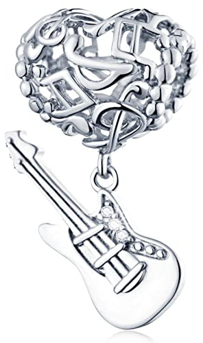 Cuore con note musicali Charms Chitarra Ciondolo, fit Pandora Braccialetto D'arte, Argento Sterling 925 Amo Chitarra Elettrica Pendente Strumento Musicale Perline, Regalo per Artista/Musicista/nipote