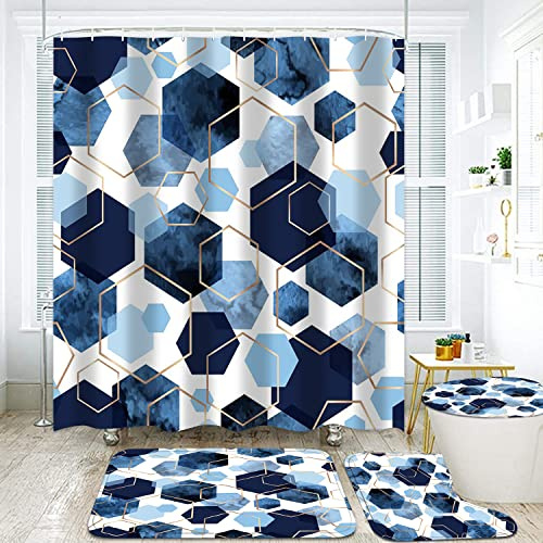 LQCOOL 4Pcs Blue Bathroom Set Geometric Shower Curtain Set Modern Art Shower Curtain for Bathroom with 12 Hooks, Bathroom Carpet Bath Mat and Toilet Rugs