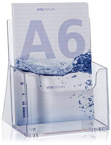 Soporte para folletos de mesa DIN A6 para folletos y folletos como práctico soporte para tarjetas postales en formato vertical. Soporte transparente para folletos para su publicidad impresa.