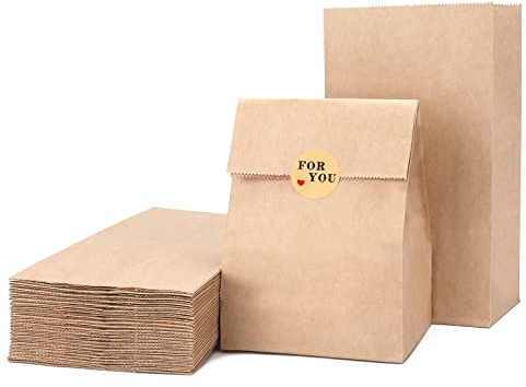 G2PLUS 100 Medium Brown Kraft Paper Bags - 13x8x24 CM Candy Favor Bags with Stickers for Snack, Birthday, Wedding and Party