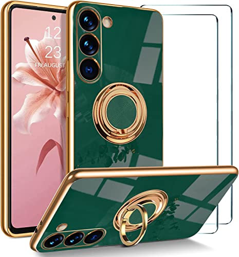 ATISIJIE Handyhülle für Samsung Galaxy S23 Hülle mit 2 Stück Schutzfolie, 360° Rotating Ständer Magnet Autohalterungen TPU Silicone Schutzhülle Shockproof Ring Halter Case für Damen Dunkelgrün