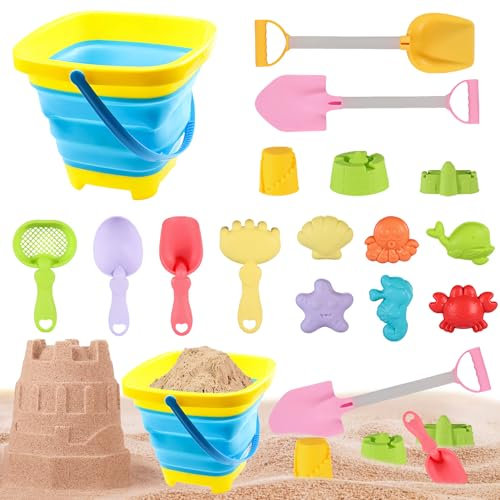 Sandspielzeug Sandförmchen Set,Sandkasten Spielzeug mit Faltbarer Eimer,Schloss Sandkasten Strandspielzeug Set mit Sand Förmchen,Spielstabil Sandspielzeug ab 1 2 3 4 5 Jahr Mädchen Junge