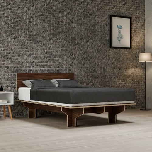 blumfeldt NordicAura Bettgestell - FSC-zertifiziertes Eukalyptusholz, Werkzeuglose Montage, Walnuss-Finish, Hohes Kopfteil mit Stauraum, Passend für Matratzen 140x200 cm