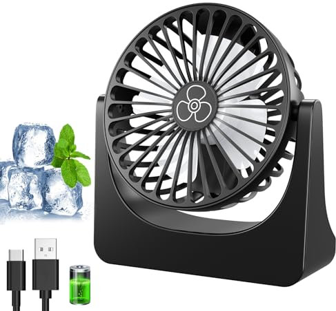 PALATALA Tischventilator, Mini Ventilator, USB Ventilator mit 3 Geschwindigkeiten und 360° Drehung, Wiederaufladbar, Tragbarer Kleiner Ventilator für Schlafzimmer Zuhause Büro Ventilator Leise