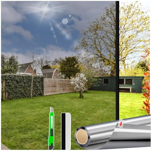 HONLONE Sonnenschutzfolie Fenster Innen, 100x200cm Spiegelfolie Fenster Sichtschutz Anti-UV, Sichtschutzfolie Fenster UV Schutzfolie, Statische Fensterfolie Sonnenschutz Blickdicht von Außen Silber