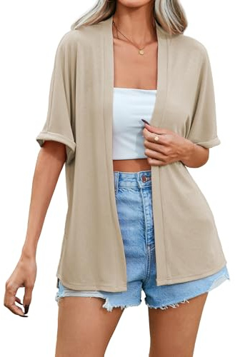 Famulily Summer Kimono Cardigans for Women UK, Casual Short Sleeves Breathable Lightweight Cardigan (L, Beige)