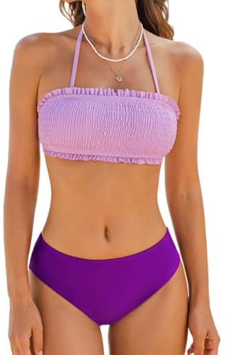 CUPSHE Set bikini da donna, costume da bagno a due pezzi, parte superiore di Bandeau con fiocco sul retro, parte inferiore a vita media con spalline rimovibili, Lavanda/Viola Scuro, XL