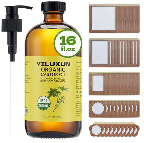 YILUXUN 50Pcs Castor Oil Pack Wrap with 16oz castor oil Organic Cold Pressed Unrefined Glass Bottle,Disposable Castor Oil Patches for Belly Button,Stomach,Knee,Feet,Entire Body