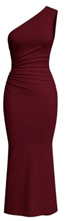 SweatyRocks Robe longue élégante pour femme - Robe crayon moulante en queue de poisson - Robe plissée avec encolure asymétrique, bordeaux, S