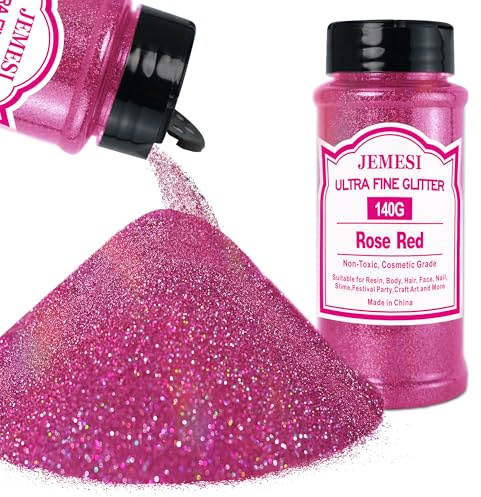 JEMESI Rosenrött glitterpulver, 140 g – 0,2 mm ultratunt glitterpulverglitter för epoxiharts, gör-det-själv-pyssel, tumbler målning ljus tillverkning; kosmetiskt glitter, nagelpulver, body glitter hår