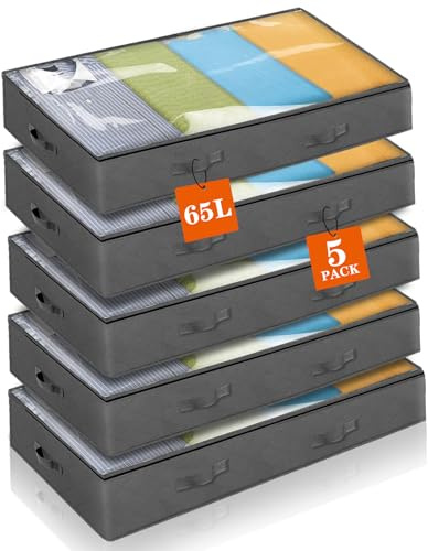 Withosent 5 Stück Unterbettkommode 65L, Unterbett Aufbewahrungsbox Vliesstoff Faltbare Aufbewahrungstasche Kleideraufbewahrung mit Klarem Fenster für Bettdecken Kleidung Bettzeug Decken Kissen