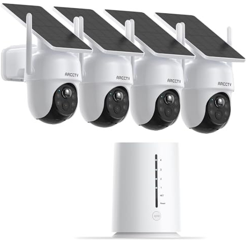 ARCCTV Set telecamera di sorveglianza esterna 4MP, telecamera solare Wi-Fi per esterni, senza abbonamento, sorveglianza umana, 4 telecamere con stazione base, con scheda di memoria da 64 GB
