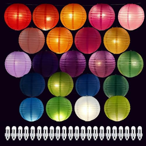 LEKEFETO 22 stycken färgglada papperslyktor med 22 stycken varmvita LED-ballonglampor, färgglada runda papperslyktor, papperslykta, papperslampskärm, för bröllop, fest, födelsedagar – 20 cm