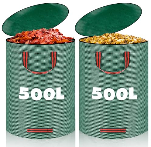 YOMKILU 2x 500L Bolsas de Residuos de Jardín, Sacos de Jardín con Tapa y Asas, Bolsas de Jardinería Reutilizable y Plegable, Impermeable Jardineria de Sacos para Recoger Plantas, Residuos y Hojas