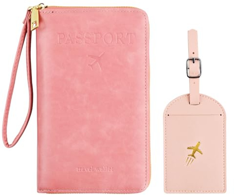 Culinavog Funda Pasaporte y Etiqueta para Equipaje, PU Cueros Porta Pasaporte Viaje con Bloqueo RFID, Funda Pasaporte español para Crédito, Tarjetas De Identificación, Boletos De Aerolínea (Rosa)