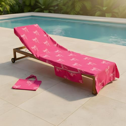 OHS Sun Lounger Towel with Pockets Bow Print, Soft Quick-Dry Absorbent Beach Towels for Adults Lightweight Large Microfibre Beach Towel Summer Holiday Essentials, Pink - 75 x 215cm
