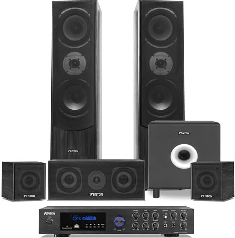 Fenton Heimkino System Komplett Set, 5.1 Soundsystem 245 Watt RMS, Bluetooth Verstärker, MP3-USB, AUX, 5 Lautsprecher und 10 Subwoofer, Surround Sound System, inkl. Fernbedienung - Schwarz