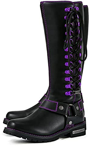 Dream Apparel Women's Harness Motorcycle Riding Boots for Biker, Square Toe Lace Up Knee High Boots with Side Zipper, Black PU Leather Footwear Ladies, Size 11