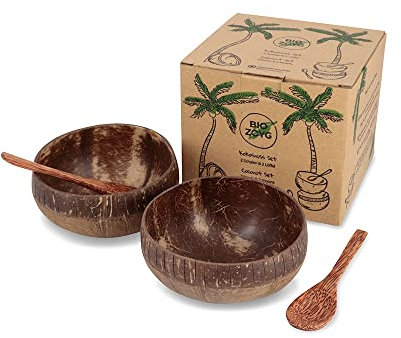 BIOZOYG Set de 2 bols en noix de coco avec cuillères I Taille normal I 450-550ml I 100% fait à la main I réutilisable I biodégradable I en coquille de noix de coco avec gravure style bohème