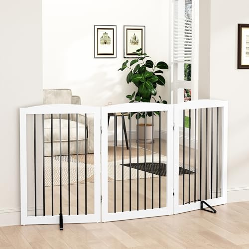 PUPETPO Freestanding Pet Gate for Dogs, Foldable Wooden Dog Gate for House Indoor, Tall Pet Fence for Stair, Doorway,Hall, Support Feet Included, 3 Panels 32,White