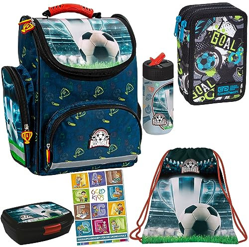 Goldkids Schulranzen Set 6er Ranzen Tornister Federmappe Turnbeutel Turnsack Brotdose Trinkflasche Aufgabenheft für die Grundschule Fußball Football Ball Motiv