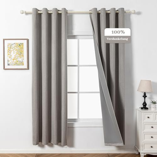 MYSKY HOME Gardine Leinenoptik Blickdichte Vorhänge mit Ösen Wohnzimmer Verdunkelungsvorhang Thermo Gardinen Hitzeschutz Wärmeisolierend,Leinen,2er Set H 200 x B 140 cm.