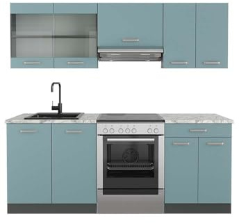 Vicco Küchenzeile R-Line, Blau-Grau/Anthrazit, 200 cm, AP Marmor, zur individuellen Erweiterung mit zusätzlichen Modulen geeignet
