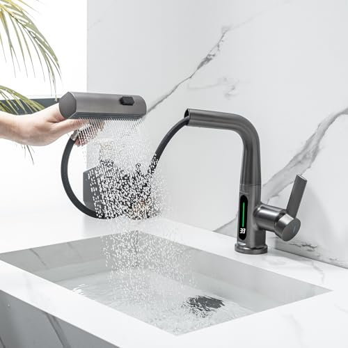 LakeBayMZC Robinet salle de bain orientable à 360° Robinet d'évier avec indicateur de température LED,lavabo à poser avec 3 types de jets d'eau extractible,mitigeur réglable en hauteur,gris