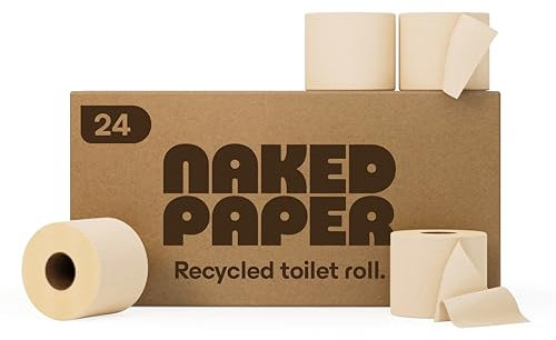 Naked Paper Unbleached Recycled Toilet Roll - 24 Rolls, Sustainable Bulk Toilet Paper, Super Soft & Strong, 320 Sheets Per Roll, Plastic-Free & Sensitive Skin Safe