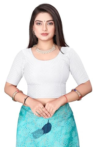 SEEANS Stretchable Cotton Full-Stitched Readymade Saree Blouse for Women - White, Comfortable & Stylish for Traditional Wear, Party, & Daily Use