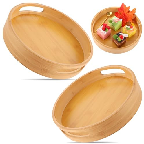 GBACHOOSE Lot de 2 plateaux de service ronds en bambou 25 x 25 x 5 cm pour thé, table basse, cuisine, nourriture, petit-déjeuner, vaisselle, boissons