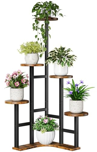 Yzosvki Corner Plant Stand Indoor, 6 Tiered Corner Plant Shelf Flower Stand for Multiple Plants, Plant Shelves Organizer Rack for Living Room, Balcony, Patio, Garden, Round Rustic Brown