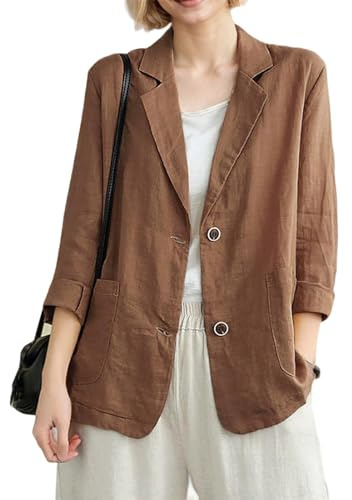 YOUNIFIZ Blazer de lino para mujer, manga 3/4, solapa de muesca, chaqueta casual de verano con bolsillos, A_marrón, XL
