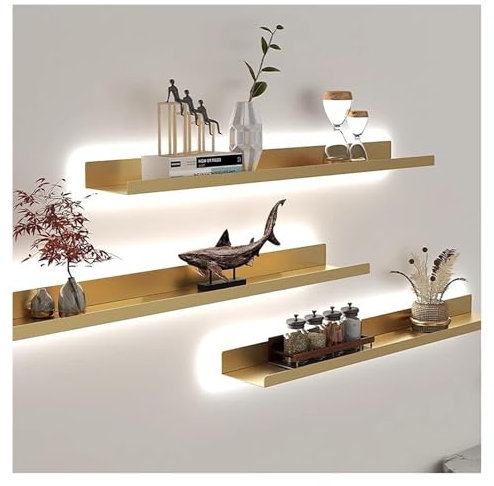 LED Light Floating Wall Mounted Display Shelves Creative Bookshelf with Built in Illuminated Light Gold Picture Ledge 31.5in Shelf
