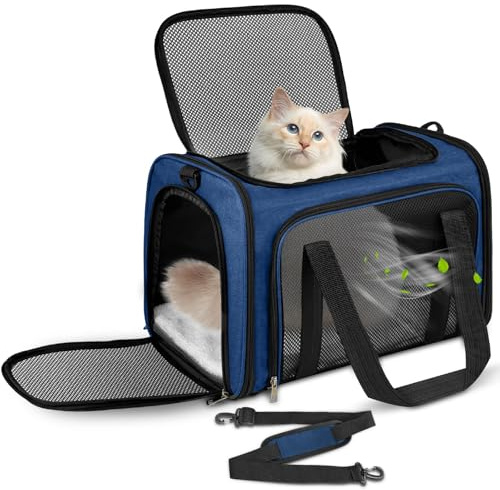 Lohofrnny Sac de Transport Chat, Sac Transport Chat Chien avec Matelas Souple, Sac Transport Chien Respirant et Pliable, Caisse de Transport Chat Respirant pour Petit Chien (Bleu foncé, 43x28x28cm)