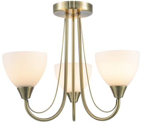 Happy Homewares Designer Antique Brass Three Arm Ceiling Light Fitting with Opal White Glass Shades | 38cm x 35cm | 3 x 7w E14 | Double Metal Arms