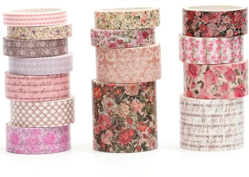 Songdao 15 rollos Flores Washi Tape Set, Artes de la flor Cinta Adhesivo Decorativo Floral Masking Tapes para Artes, Bullet Journal, Scrapbooking, Bricolaje (4 poesía de jardín de rosas)