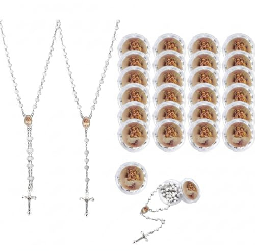 24 Pezzi Rosario Battesimo in Legno Profumato, Bomboniere Battesimo con Angioletto e Croce, Scatola Regalo Trasparente Esagonale, Regalini per Bambini Prima Comunione, Comunione Cresima