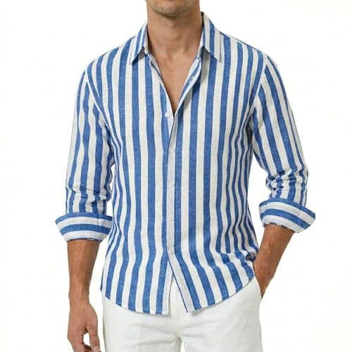 Zilaro Mens Long Sleeve Shirts, Men's Striped Casual Loose Fit Shirt, Long Sleeve Button Down Shirts for Men, Lightweight Beach Shirt, Summer Holiday Vacation Top, Collared Look Shirt Blue/White