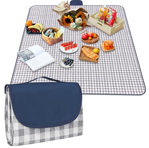 AYBUY Manta de Picnic, Grande Manta para Pícnic con Base Impermeable, 150 x 200 cm, Esterilla Plegable Portátil para Playa, Manta de Camping de Playa con Asa, Viajes, Camping, Parques (Azul Marino)