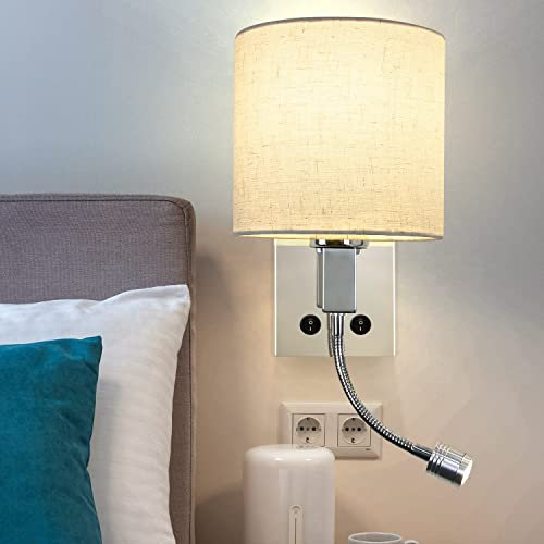 ZMH Wandleuchte Schlafzimmer Wandlampe Innen - Wandstrahler LED 360°Schwenkbar Leselampe mit Schalter Rund Stoffschirm Design Wandbeleuchtung E27 Modern Beleuchtung für Wohnzimmer Flur Hotel